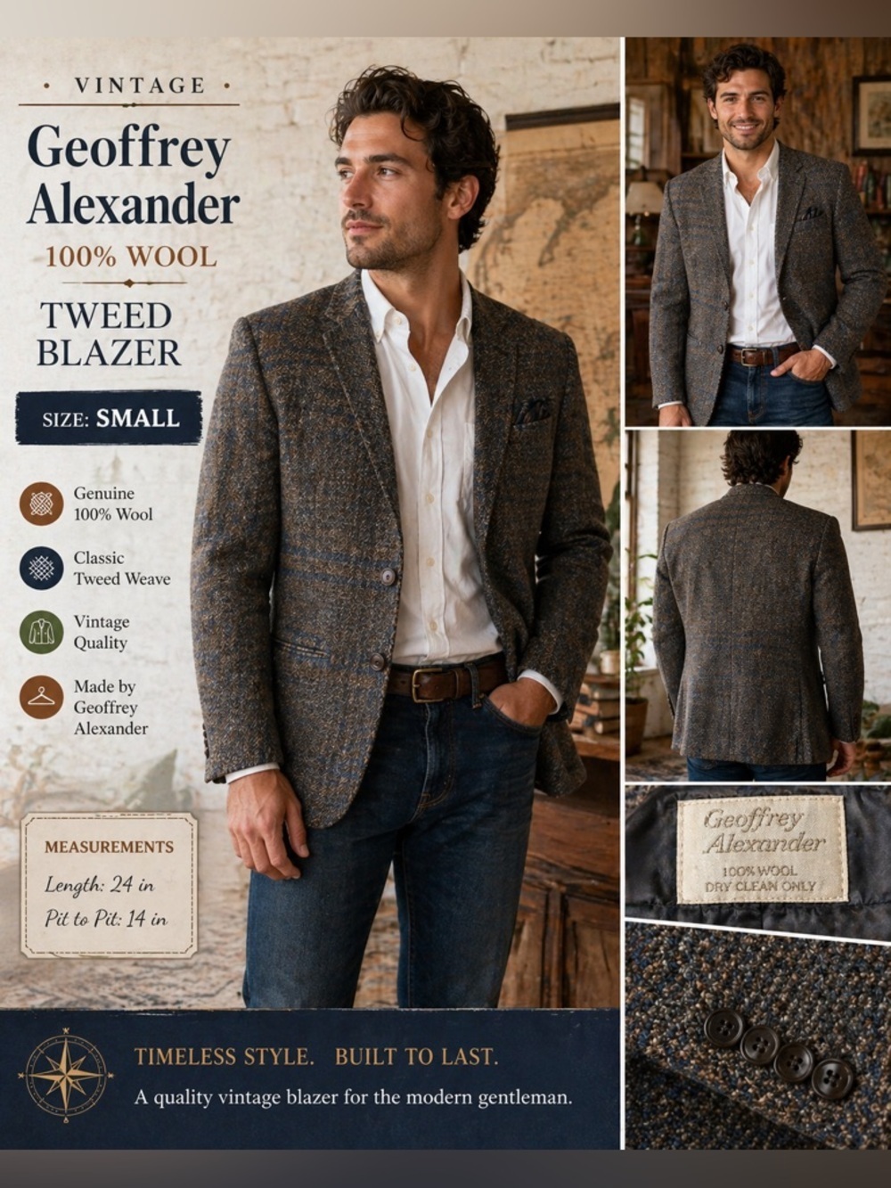 Geoffrey Alexander 100% wool vintage Tweed Blazer SMALL Length 24in pit 14in